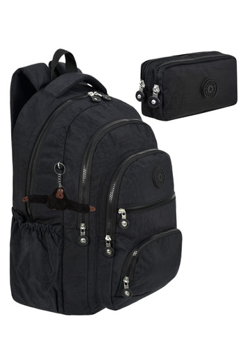 VESSARA Set of 2 Luxury Crinkle Fabric High School and Middle School Backpack + Pen Holder, Monkey Keychain Gift