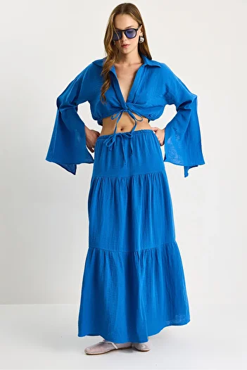 Bianco Lucci Women's Tie Detail Slit Wide Sleeve Blouse Lined Long Skirt Set Dt251007 60283497
