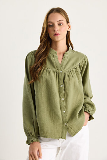 Bianco Lucci Women's Comfortable Muslin Shirt with Elastic Sleeves and Buttons 4733 60283499