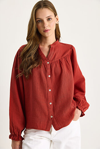 Bianco Lucci Women's Comfortable Muslin Shirt with Elastic Sleeves and Buttons 4733 60283499