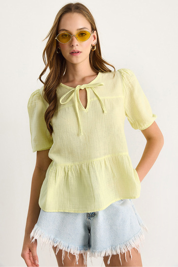 Bianco Lucci Women's Collar Tie-Up Muslin Blouse with Elastic Sleeves 4715 60283498