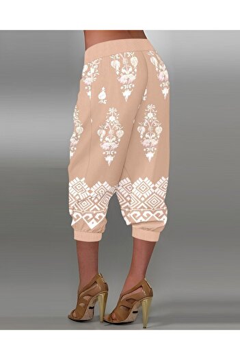 buğrahayalin Women's Elastic Waist Ethnic Patterned Capri Single Jersey Trousers