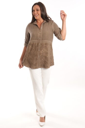 Metpoint Trend42Plus Large Size Brown Front Bottom Embroidered Tie Dye Washed Shirt