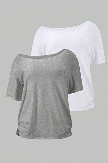 Tarz Cool Gray White 2-Pack Women's Off Shoulder Boat Neck Oversize T-Shirt