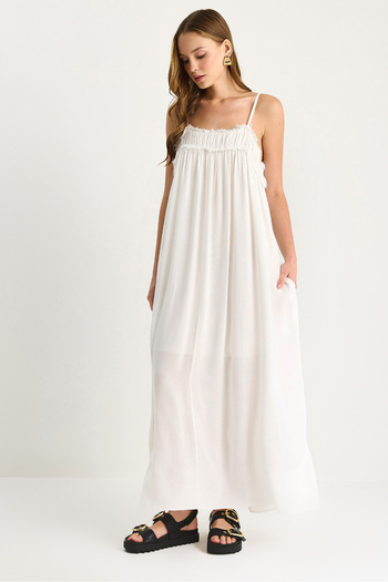 Bianco Lucci Women's Thin Strap Gathered Pocket Detailed Lined Thin Cotton Dress 60283512