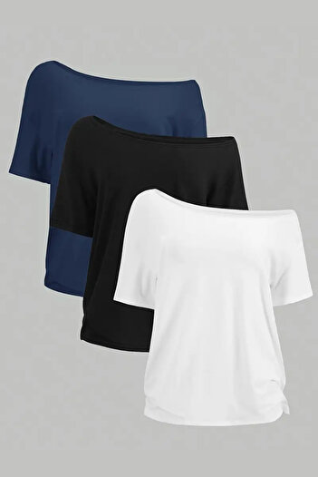 Tarz Cool Lacivert Beyaz Siyah 3lü paket Kadın Düşük Omuz Kayık Yaka Oversize T-Shirt