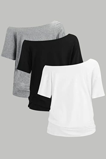 Tarz Cool White Black Gray 3-Pack Women's Off Shoulder Boat Neck Oversize T-Shirt