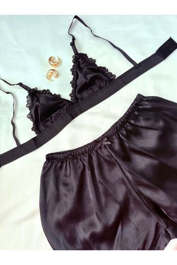 İNKO İÇ GİYİM Satin Patterned Bralet Shorts Set with Lace Detail