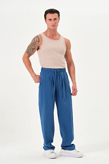RELAXL 100% Cotton Şile Cloth Wide Leg Oversize Summer Trousers Saks Blue