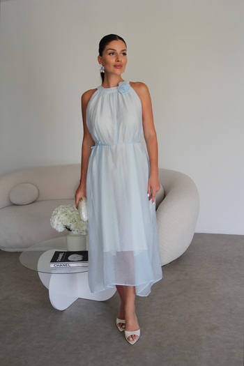 Julidress Μπλε τριαντάφυλλο Λεπτομερές φόρεμα με λαιμόκοψη με φόδρα Premium