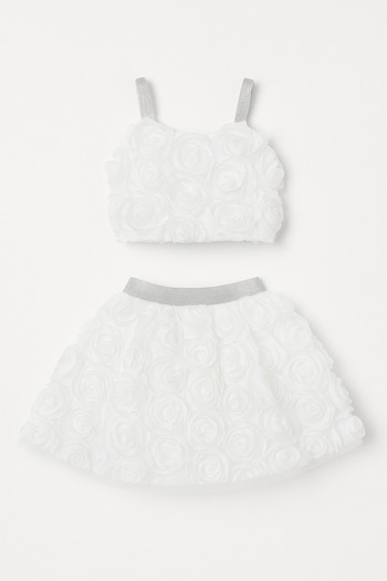 Magu Girl's White 3D Floral Detailed Skirt Suit