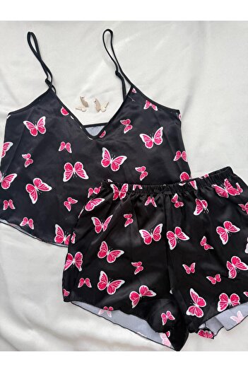 İNKO İÇ GİYİM Set de pijamale cu pantaloni scurți cu bretele reglabile cu model din satin