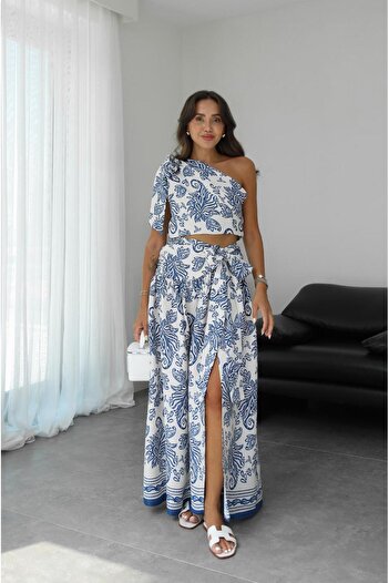 Havoş Blue Paisley Patterned Satin Suit