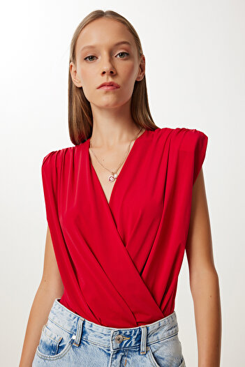 Lovelyİstanbul Wrap Collar Padded Snap Blouse Lzh0001 Red