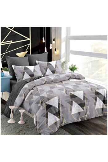 OEM Double bed linen set, fine satin, fitted sheet, geometric, 6 pieces, 2 people, 18