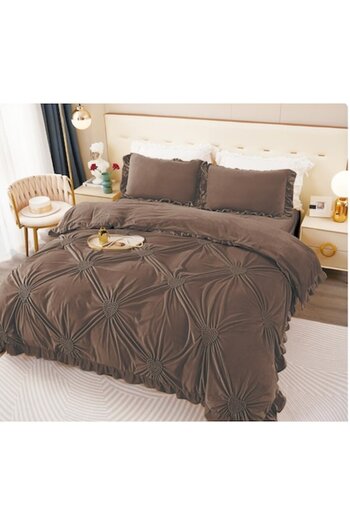 OEM Lenjerie de pat dublu, Uni, Model Inimi Brodate, 6 piese, Finet, 230x250cm maro-inchis M1