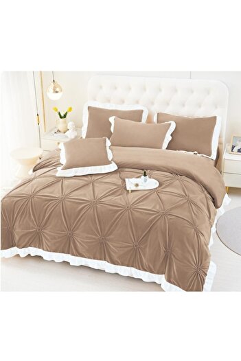 OEM Double Bed Linen Set, Uni, Embroidered Hearts Model, 6 Pieces, Finet, 230x250cm, Dark Brown
