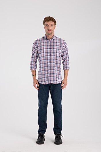 Abbate AClub Aclub Ac10084 Poplin Cotton Regular Fit Red Button-Down Collar Men's Checkered Shirt