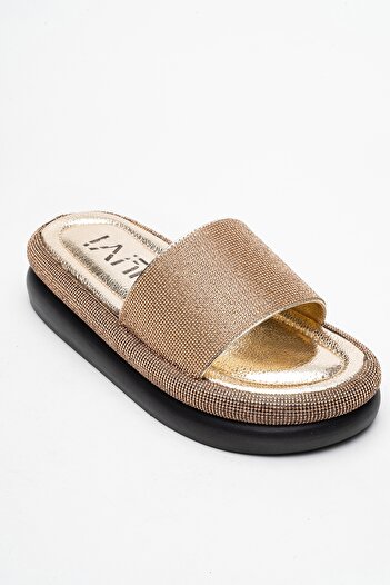 LuviShoes OESTE Altın Taşlı Tek Bantlı Kalın Tabanlı Kadın Terlik