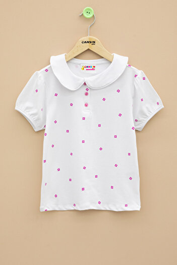 Cansın Mini Ecru Floral Patterned Button Collar Girl's T-Shirt 20987