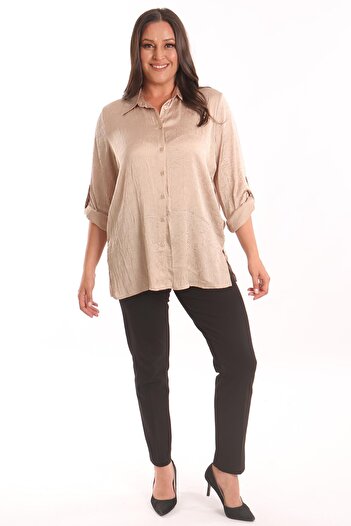 Metpoint Trend42Plus Large Size Beige Crashed Satin Shirt
