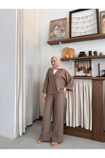onlymoon Women's Clothing Brown Oversize Linen Set, 2-Piece Set