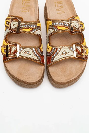 LuviShoes Bobby Yellow Stone Ethnic Patterned Straw Thick Cork Sole Women's Slippers