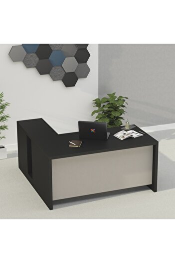 Mahmayi Noce 1825 L-Shaped Executive Wooden Desk with Melamine Finish-Black and Grey
