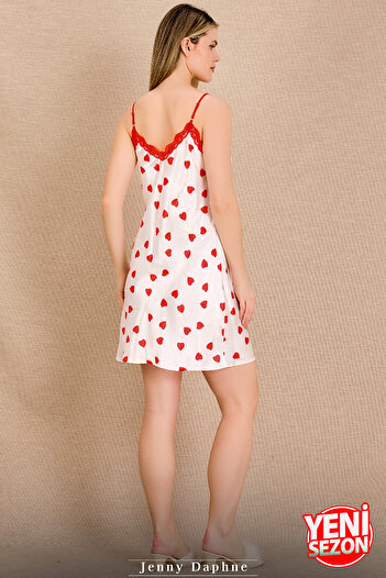 Jenny Daphne Satin Cream Heart Pattern Thin Strap Lace Nightgown and Long Sleeve 2-Piece Dressing Gown Set 15240