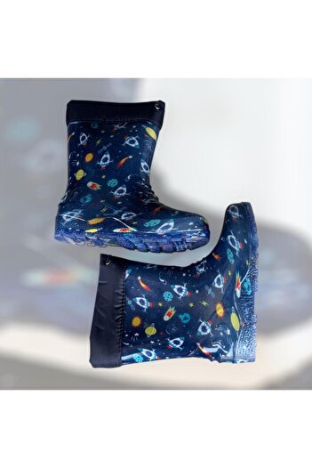İpek Boy Navy Space Printed Waterproof Rain Boots with Fur Inside