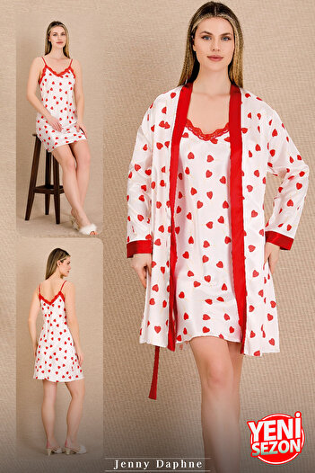 Jenny Daphne Satin Cream Heart Pattern Thin Strap Lace Nightgown and Long Sleeve 2-Piece Dressing Gown Set 15240