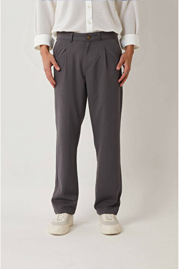 Fandr Store Gray Men's Pleated Elastic Waist Baggy Fit Fabric Trousers