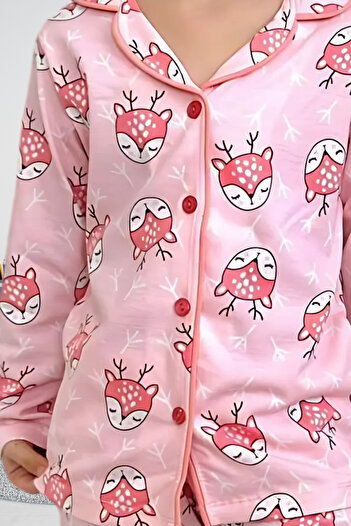 Zekalya Cute Gazelle Patterned Shirt Collar Girl's Pink Pajama Set