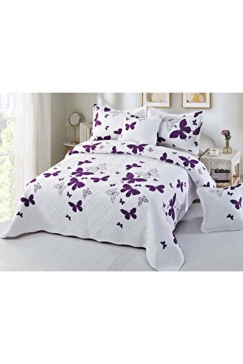 OEM Quilted cover and 4 pillowcases, cotton, 5 pieces, 2 persons, purple butterflies, 230x250cm, white