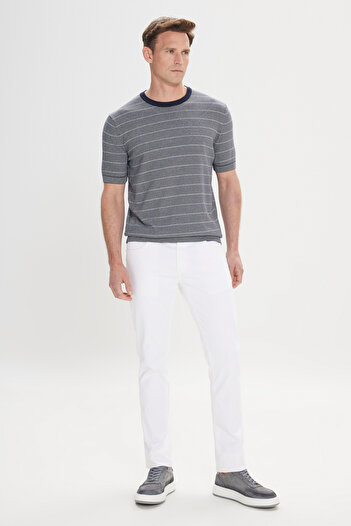 AC&Co / Altınyıldız Classics Men's Navy Blue-White Standard Fit Regular Fit 100% Cotton Striped Crew Neck Knitwear T-Shirt