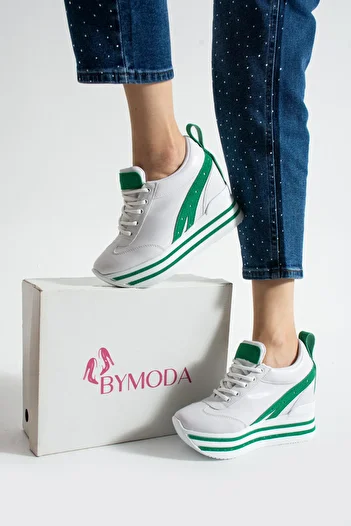 Bymoda New Season White Green Hidden Wedge Heeled Sports Shoes Total Height 10 cm
