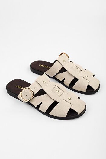 Shoeberry Women's Sole Beige Suede Trok Detailed Belted Slippers