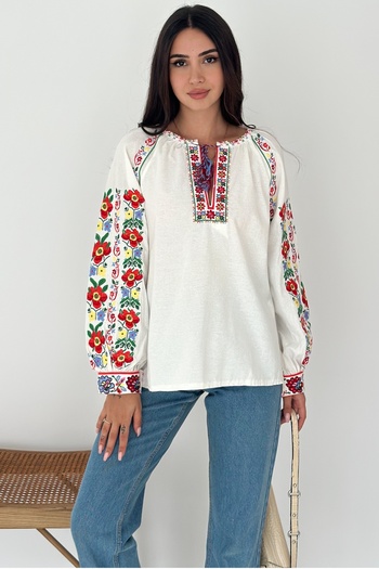FEMELLE Women's White Vintage Floral Embroidery Embroidered Tassel Cotton Blouse
