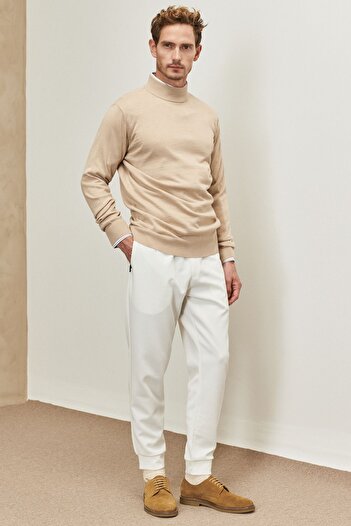 AC&Co / Altınyıldız Classics Men's Beige Standard Fit Normal Cut Half Turtleneck Woolen Knitwear Sweater