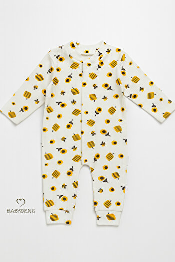 BABYDEN'S Sunflower & Bee Patterned 100% Cotton Ribbed Textured Snap Fastener Long Sleeve Baby Romper Ribbed Romper