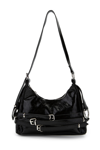 minebag Belt Detailed Patent Leather Faux Leather Baguette Women's Shoulder Bag Mary Black