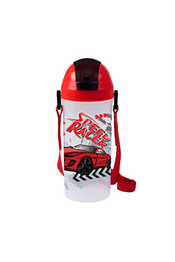 Herevin 610ml Speed Racer Printed School Bottle with Straw Water Bottle Silicone & Stainless Steel