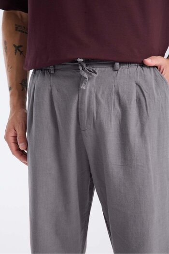 Valiberta Bergman Linen Look Cotton Flared Comfortable Fit Pleated Men's Trousers - Smoked