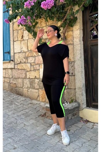 Vio Moda Büyük Beden Neon Suspender Leggings Set