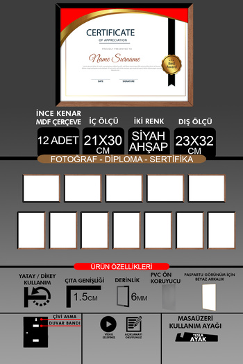 yhfoto 12 Pieces 21X30 Frame - Fine Slatted A4 Frame - 2 Colors Wood Black - Photo Certificate Frame