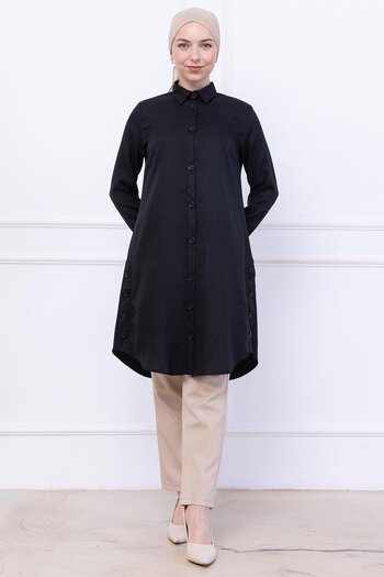 hafsamina Button Detailed Tunic Black Hm2737