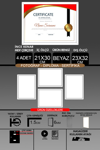 yhfoto 4 Pieces 21X30 Frame - Fine Slatted A4 Frame - White Frame - Photo Certificate Frame