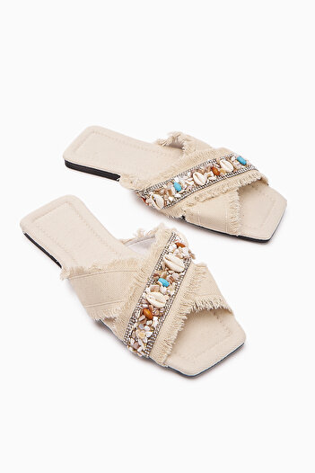Limoya Felisa Beige Stone and Seashell Decorated Bohemian Women's Slippers