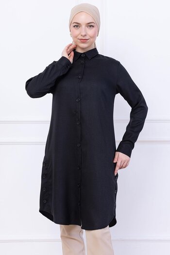 hafsamina Button Detailed Tunic Black Hm2737