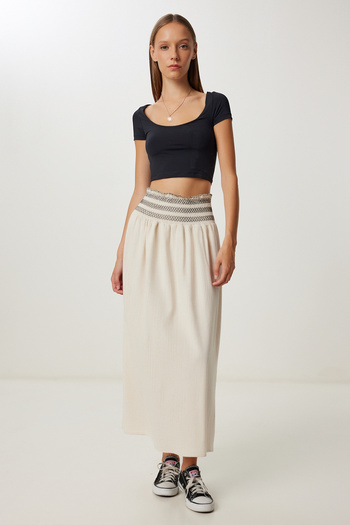 Lovelyİstanbul Contrast Belt Detailed Linen Skirt Lmc0067 Cream
